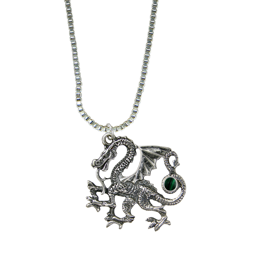 Sterling Silver Large Fighting Dragon Pendant With Malachite